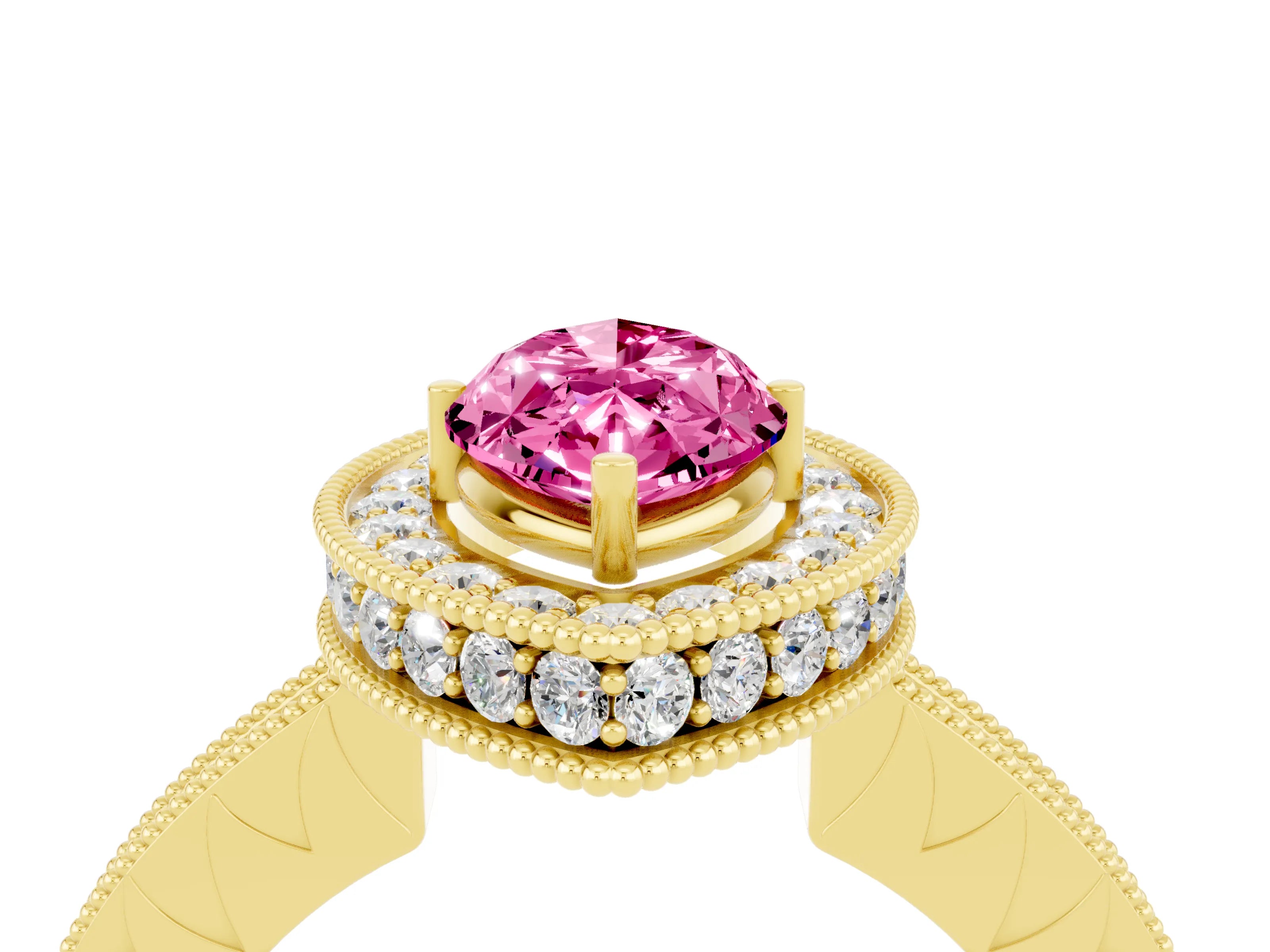 Yellow gold Marquise Cut Halo Diamond Engagement Ring with Milgrain Pave Band and Four-Prong Setting_4