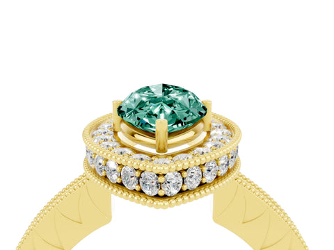 Yellow gold Marquise Cut Halo Diamond Engagement Ring with Milgrain Pave Band and Four-Prong Setting_4