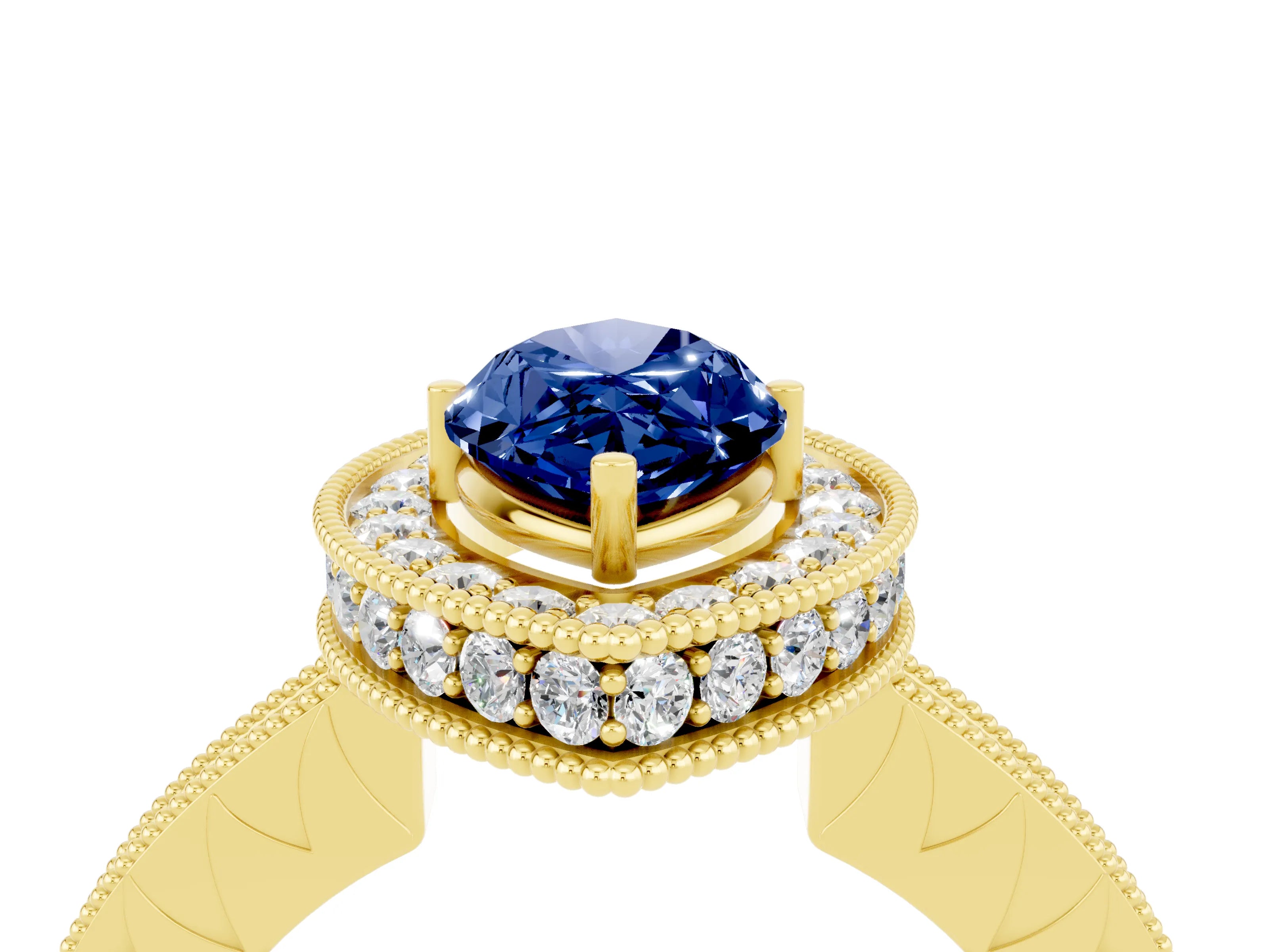 Yellow gold Marquise Cut Halo Diamond Engagement Ring with Milgrain Pave Band and Four-Prong Setting_4