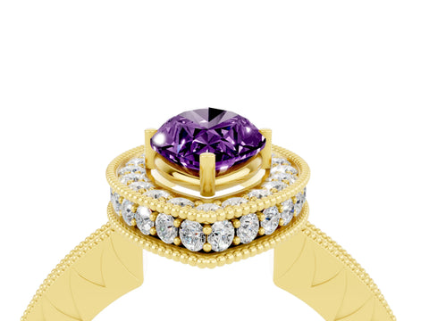 Yellow gold Marquise Cut Halo Diamond Engagement Ring with Milgrain Pave Band and Four-Prong Setting_4