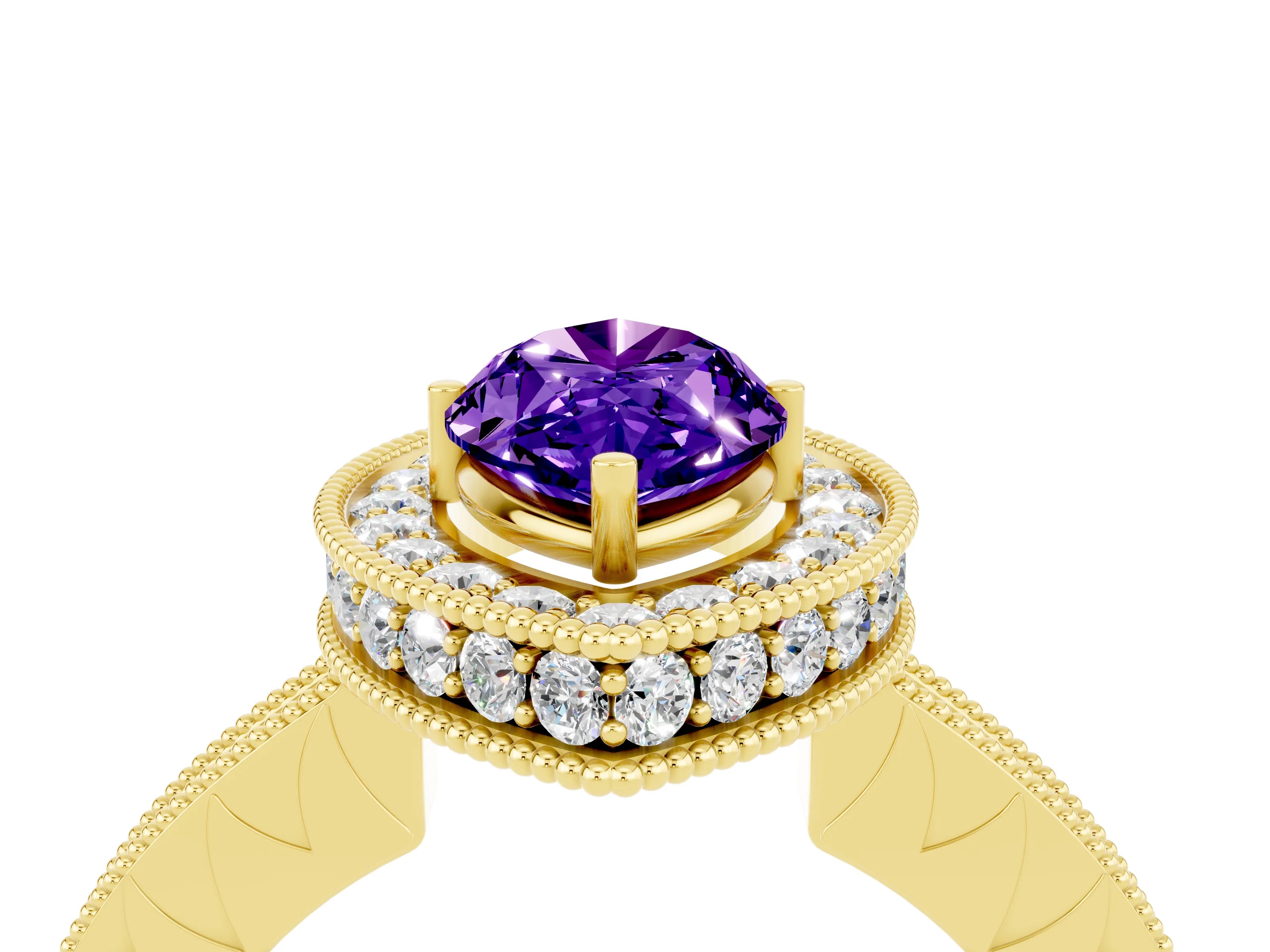 Yellow gold Marquise Cut Halo Diamond Engagement Ring with Milgrain Pave Band and Four-Prong Setting_4