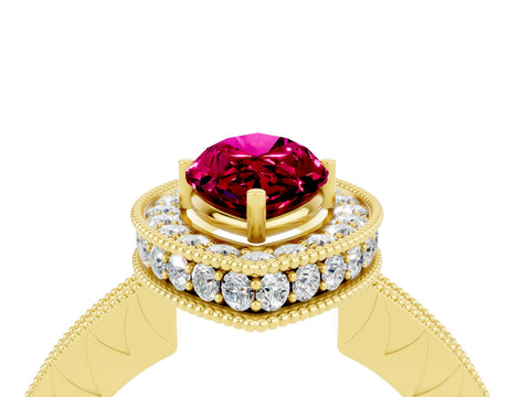 Yellow gold Marquise Cut Halo Diamond Engagement Ring with Milgrain Pave Band and Four-Prong Setting_4