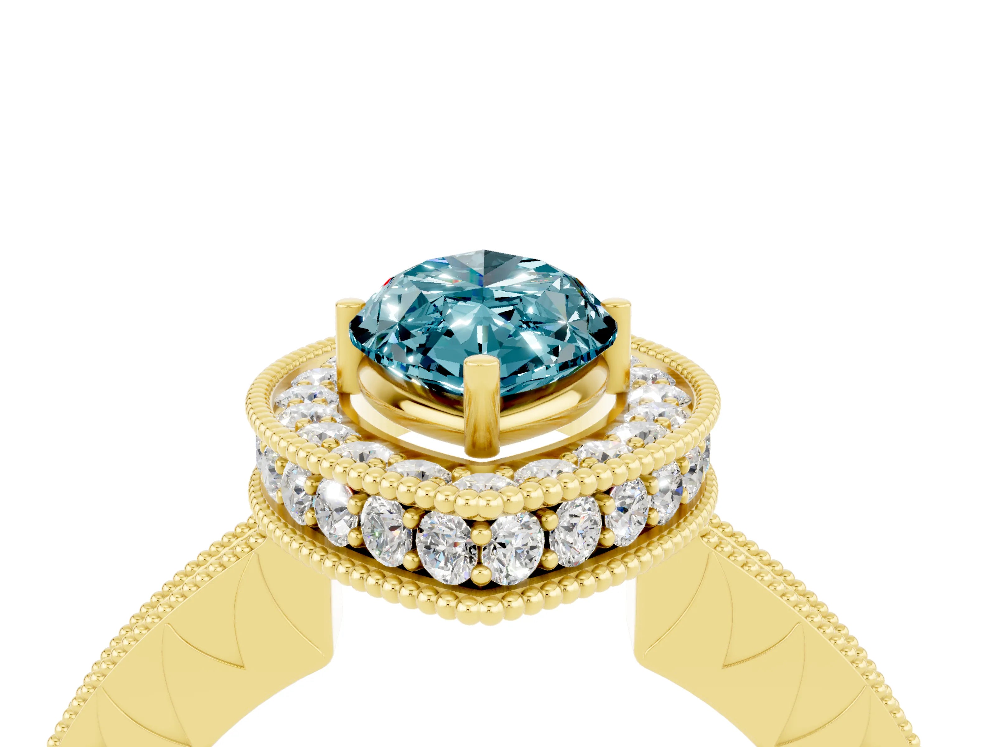 Yellow gold Marquise Cut Halo Diamond Engagement Ring with Milgrain Pave Band and Four-Prong Setting_4