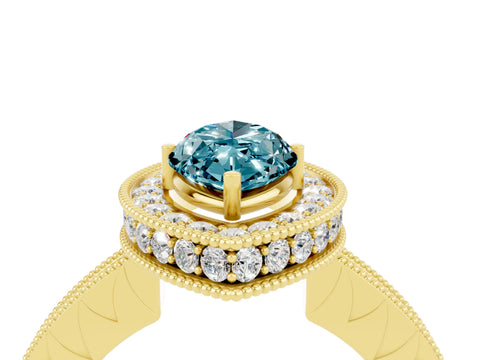 Yellow gold Marquise Cut Halo Diamond Engagement Ring with Milgrain Pave Band and Four-Prong Setting_4