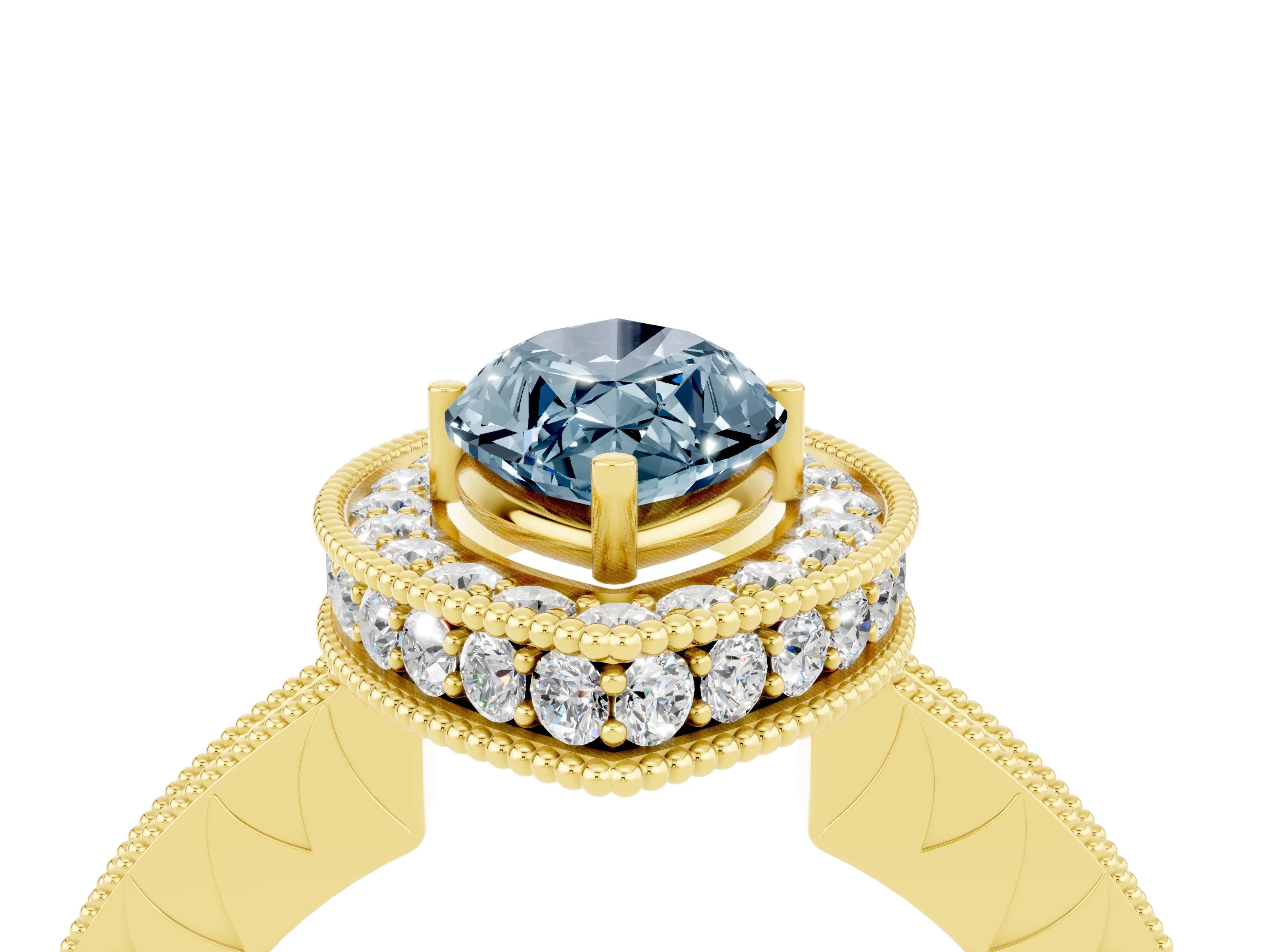 Yellow gold Marquise Cut Halo Diamond Engagement Ring with Milgrain Pave Band and Four-Prong Setting_4