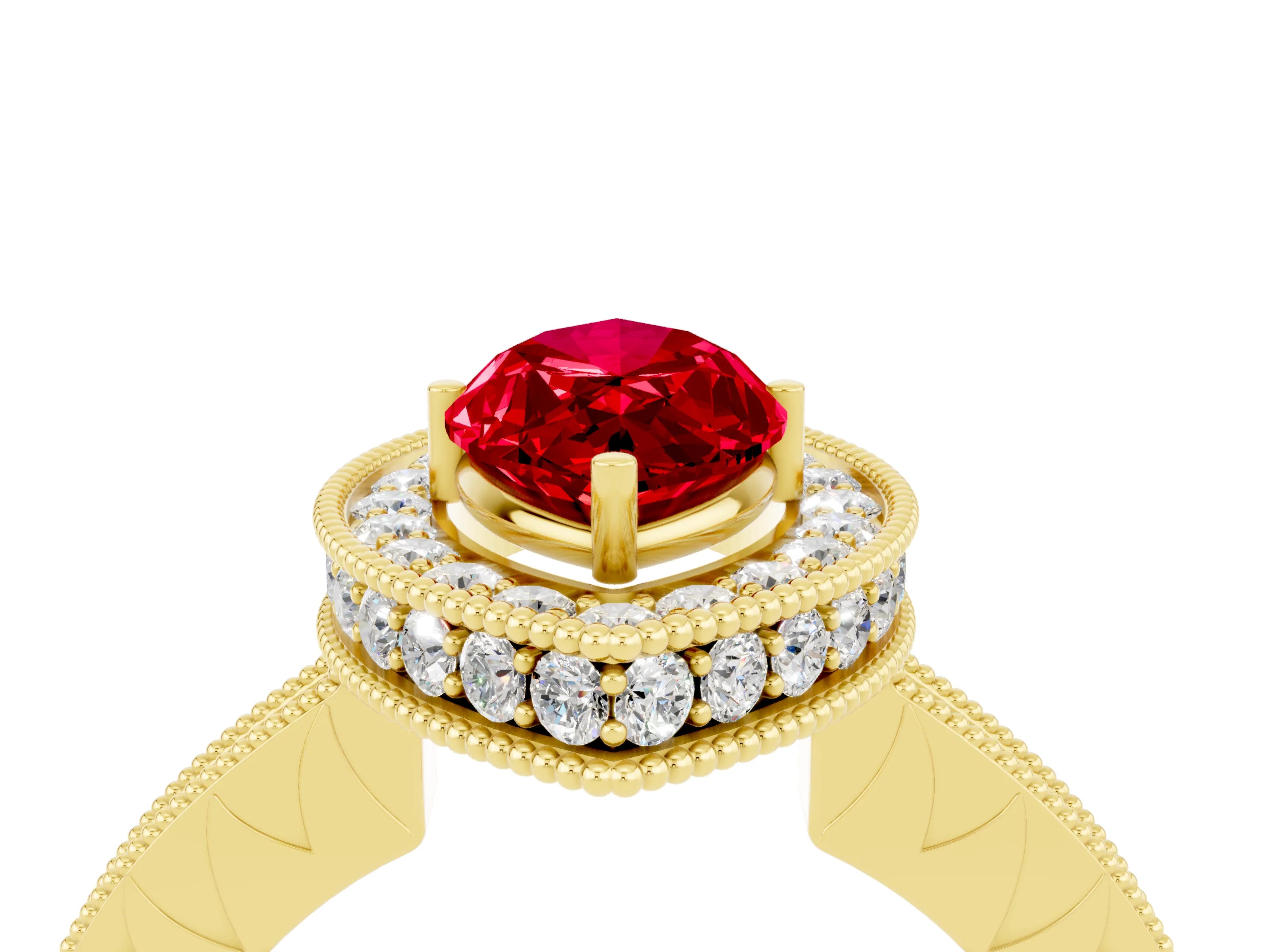 Yellow gold Marquise Cut Halo Diamond Engagement Ring with Milgrain Pave Band and Four-Prong Setting_4