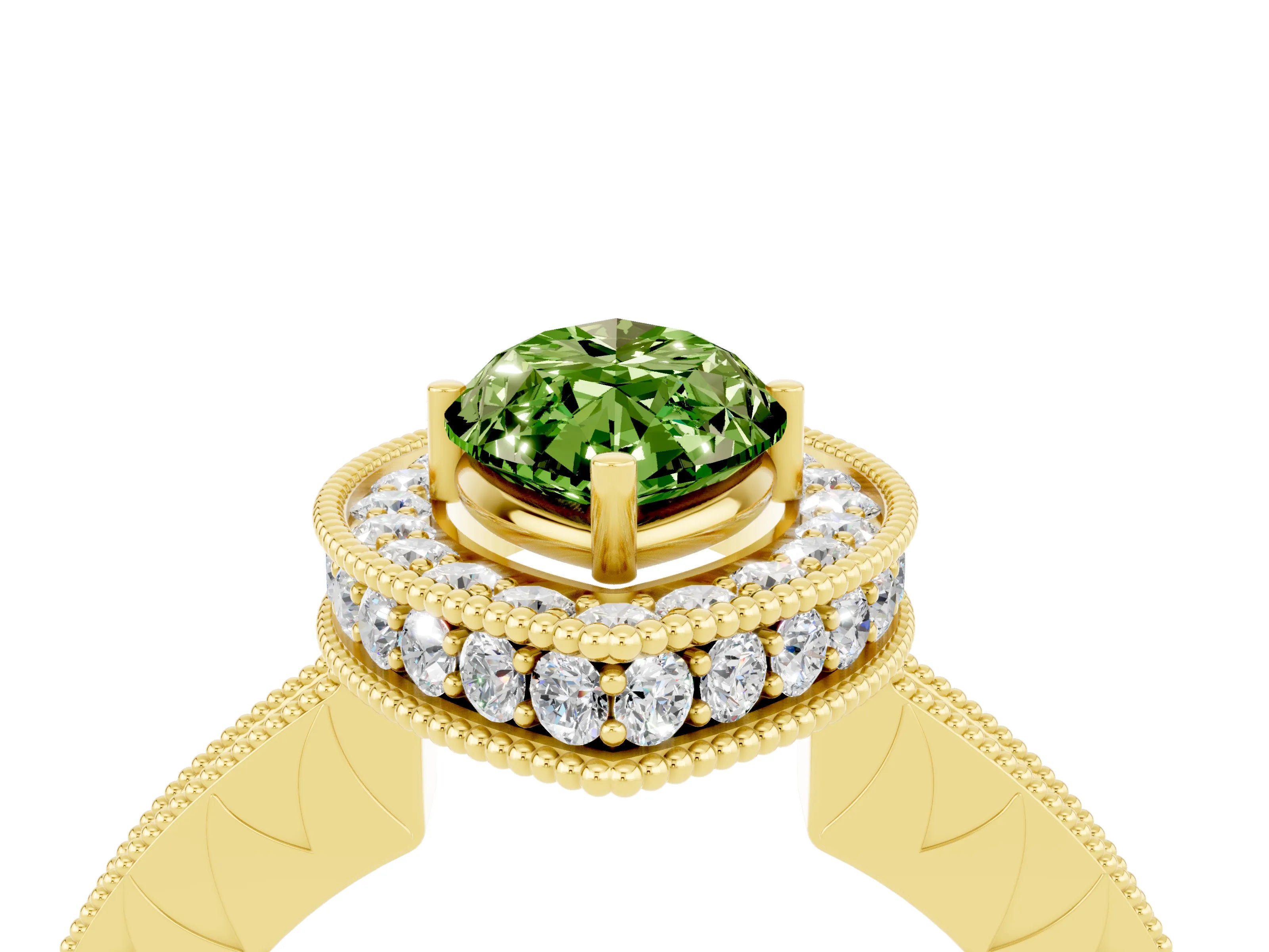 Yellow gold Marquise Cut Halo Diamond Engagement Ring with Milgrain Pave Band and Four-Prong Setting_4