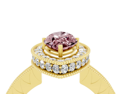 Yellow gold Marquise Cut Halo Diamond Engagement Ring with Milgrain Pave Band and Four-Prong Setting_4
