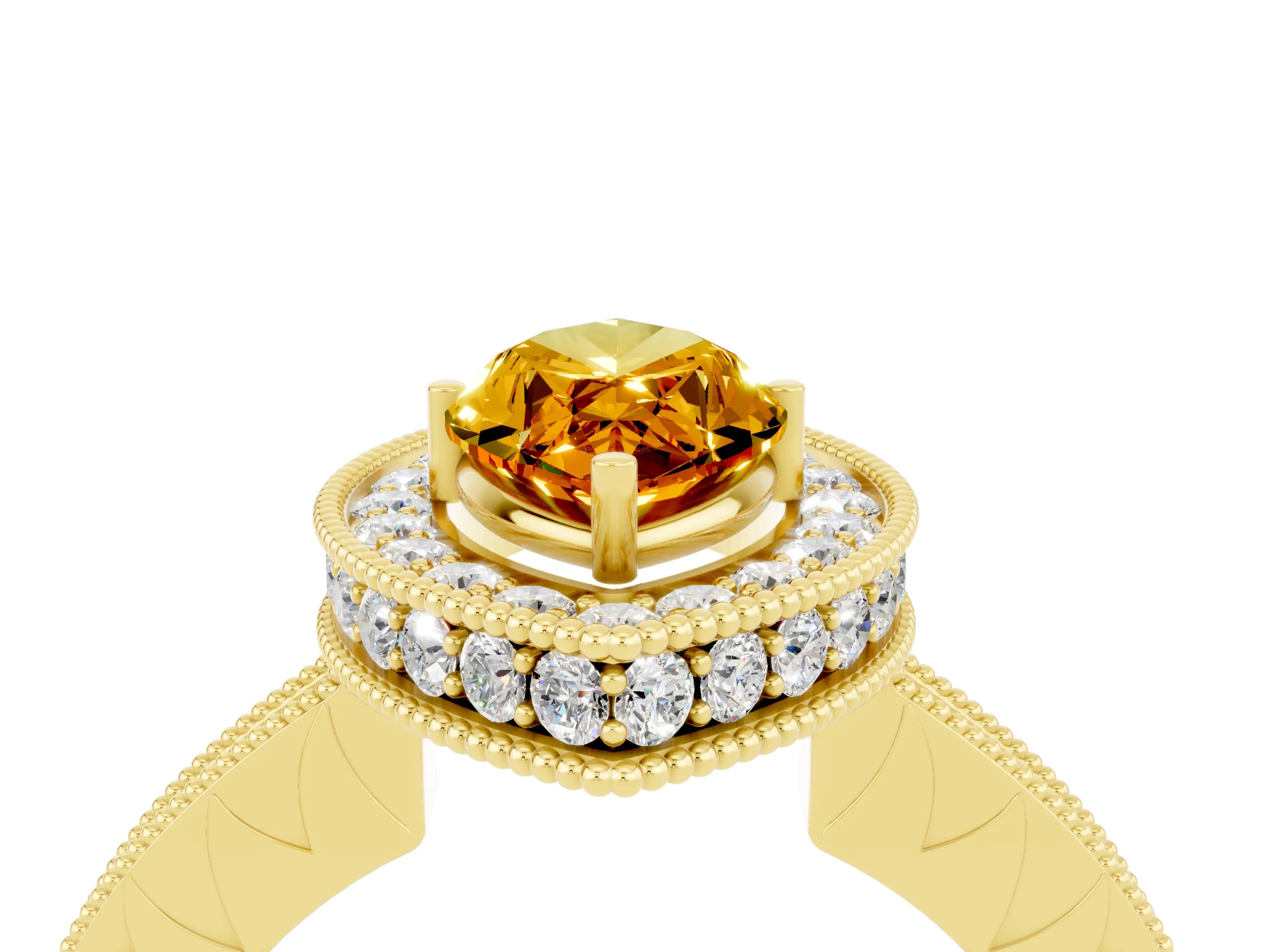 Yellow gold Marquise Cut Halo Diamond Engagement Ring with Milgrain Pave Band and Four-Prong Setting_4