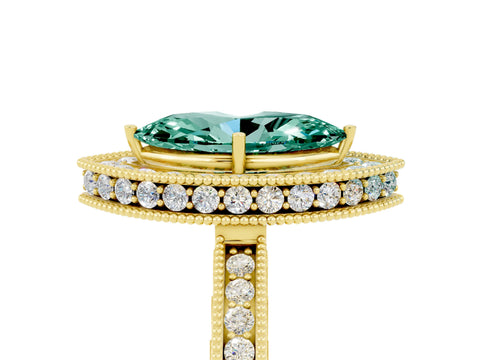 Yellow gold Marquise Cut Halo Diamond Engagement Ring with Milgrain Pave Band and Four-Prong Setting_5