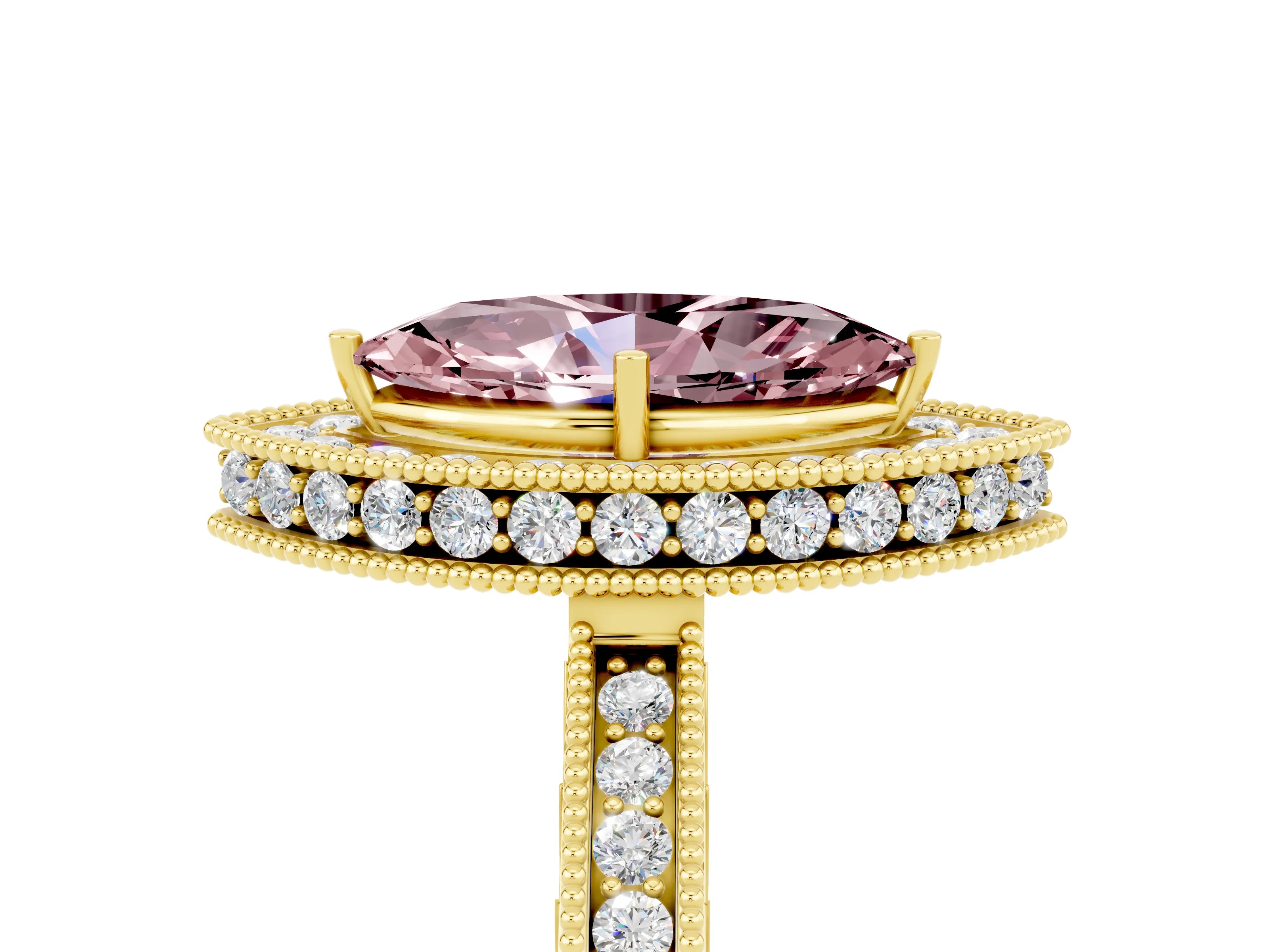 Yellow gold Marquise Cut Halo Diamond Engagement Ring with Milgrain Pave Band and Four-Prong Setting_5