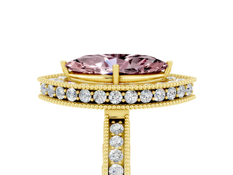 Yellow gold Marquise Cut Halo Diamond Engagement Ring with Milgrain Pave Band and Four-Prong Setting_5