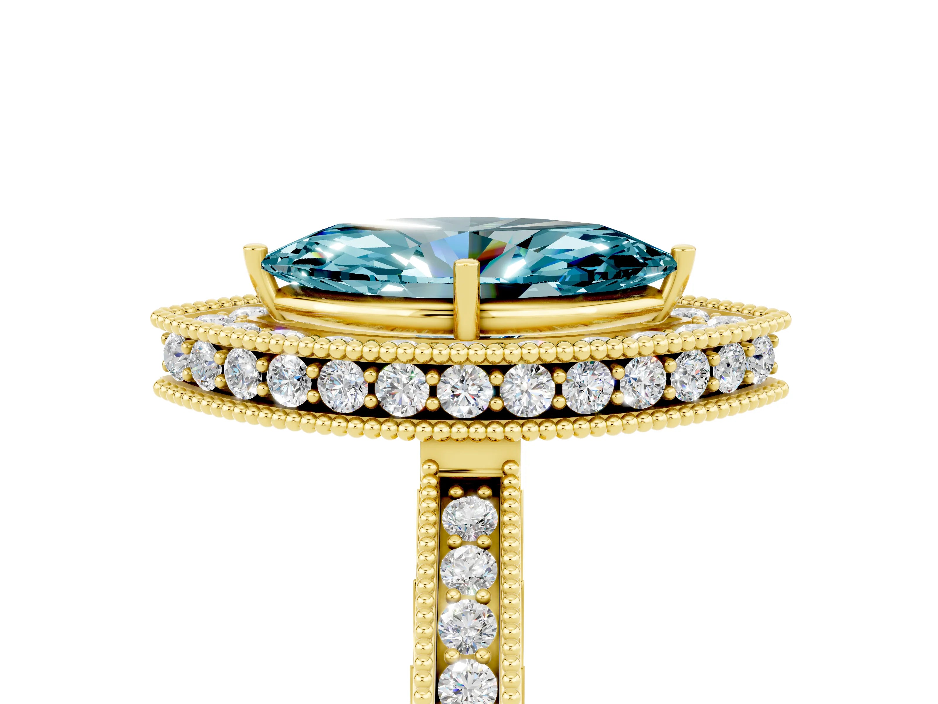 Yellow gold Marquise Cut Halo Diamond Engagement Ring with Milgrain Pave Band and Four-Prong Setting_5