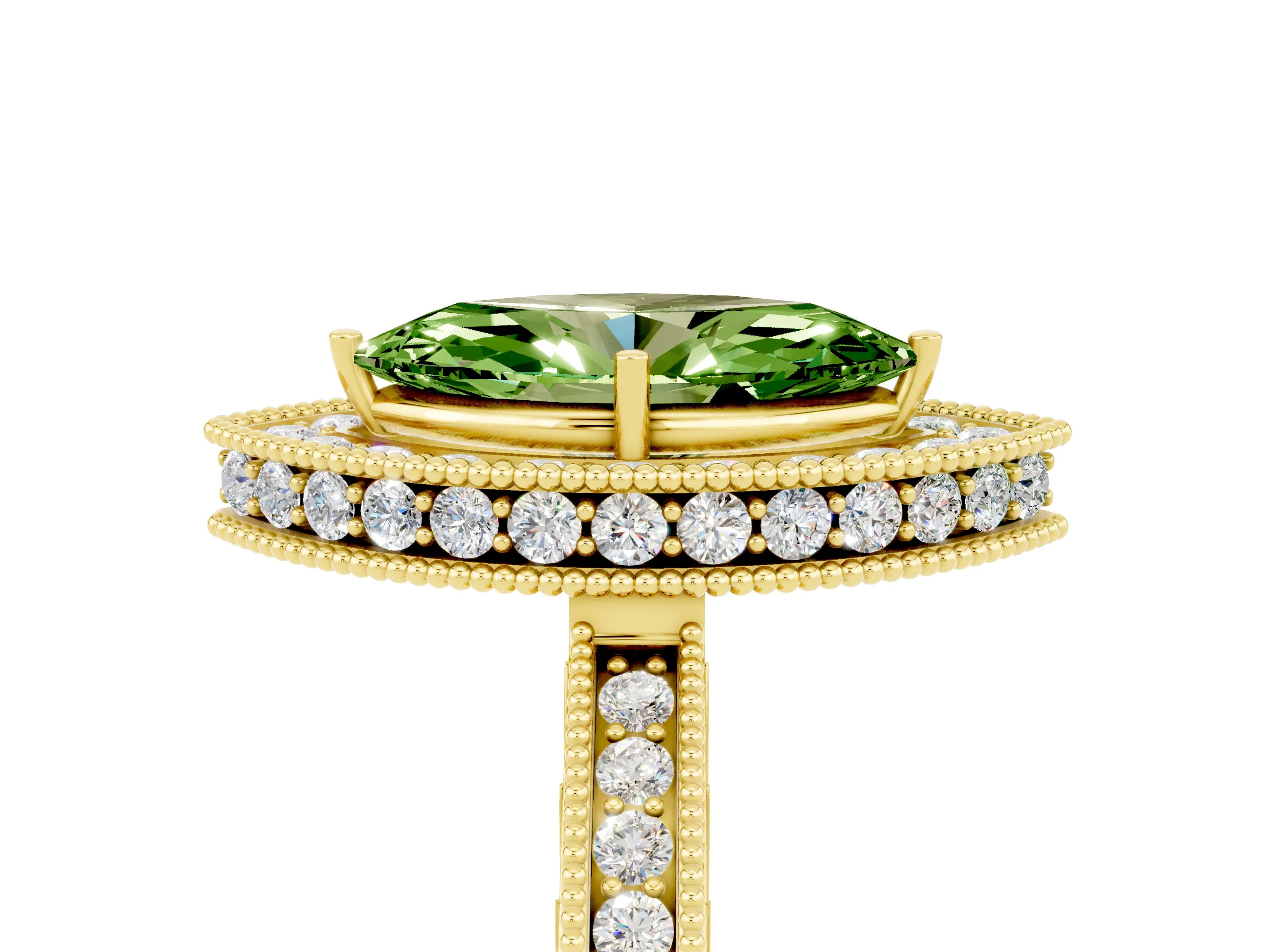 Yellow gold Marquise Cut Halo Diamond Engagement Ring with Milgrain Pave Band and Four-Prong Setting_5