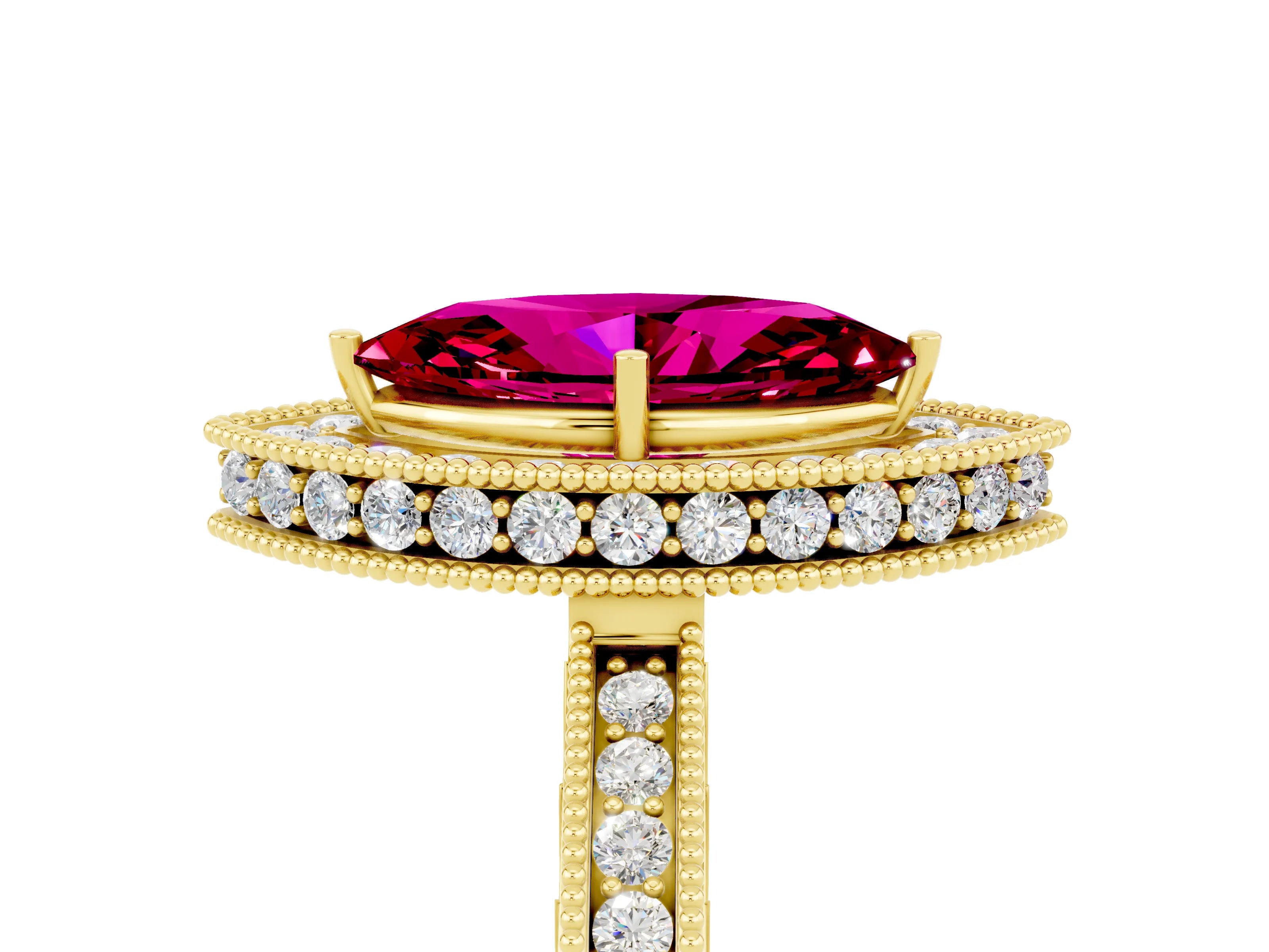 Yellow gold Marquise Cut Halo Diamond Engagement Ring with Milgrain Pave Band and Four-Prong Setting_5