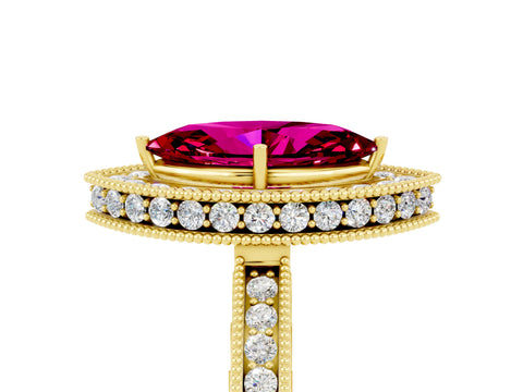 Yellow gold Marquise Cut Halo Diamond Engagement Ring with Milgrain Pave Band and Four-Prong Setting_5