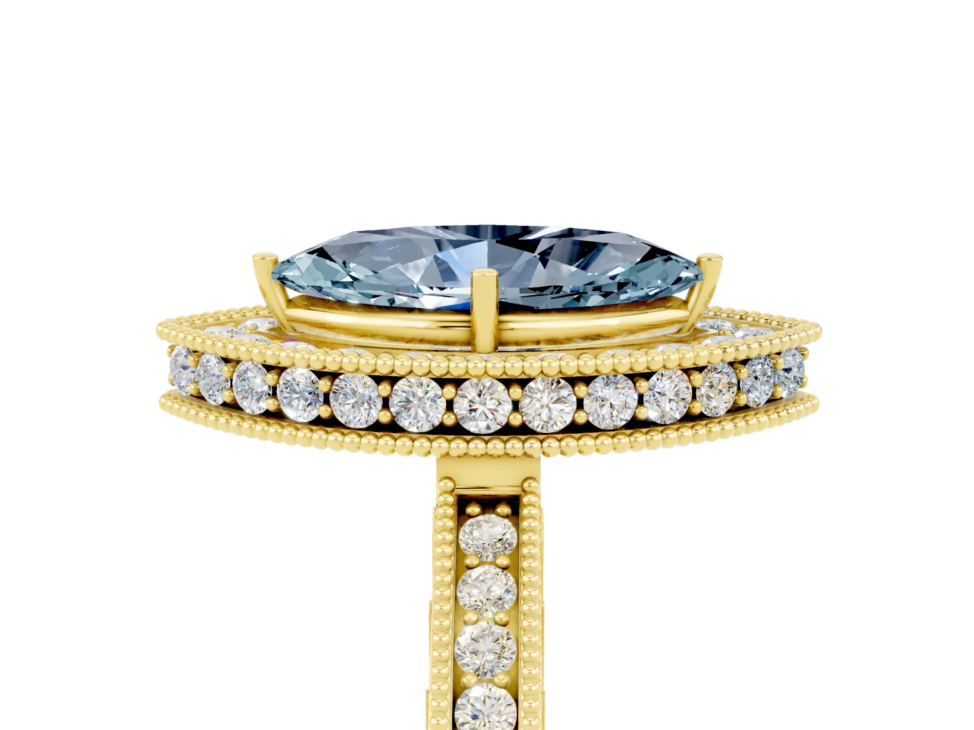 Yellow gold Marquise Cut Halo Diamond Engagement Ring with Milgrain Pave Band and Four-Prong Setting_5