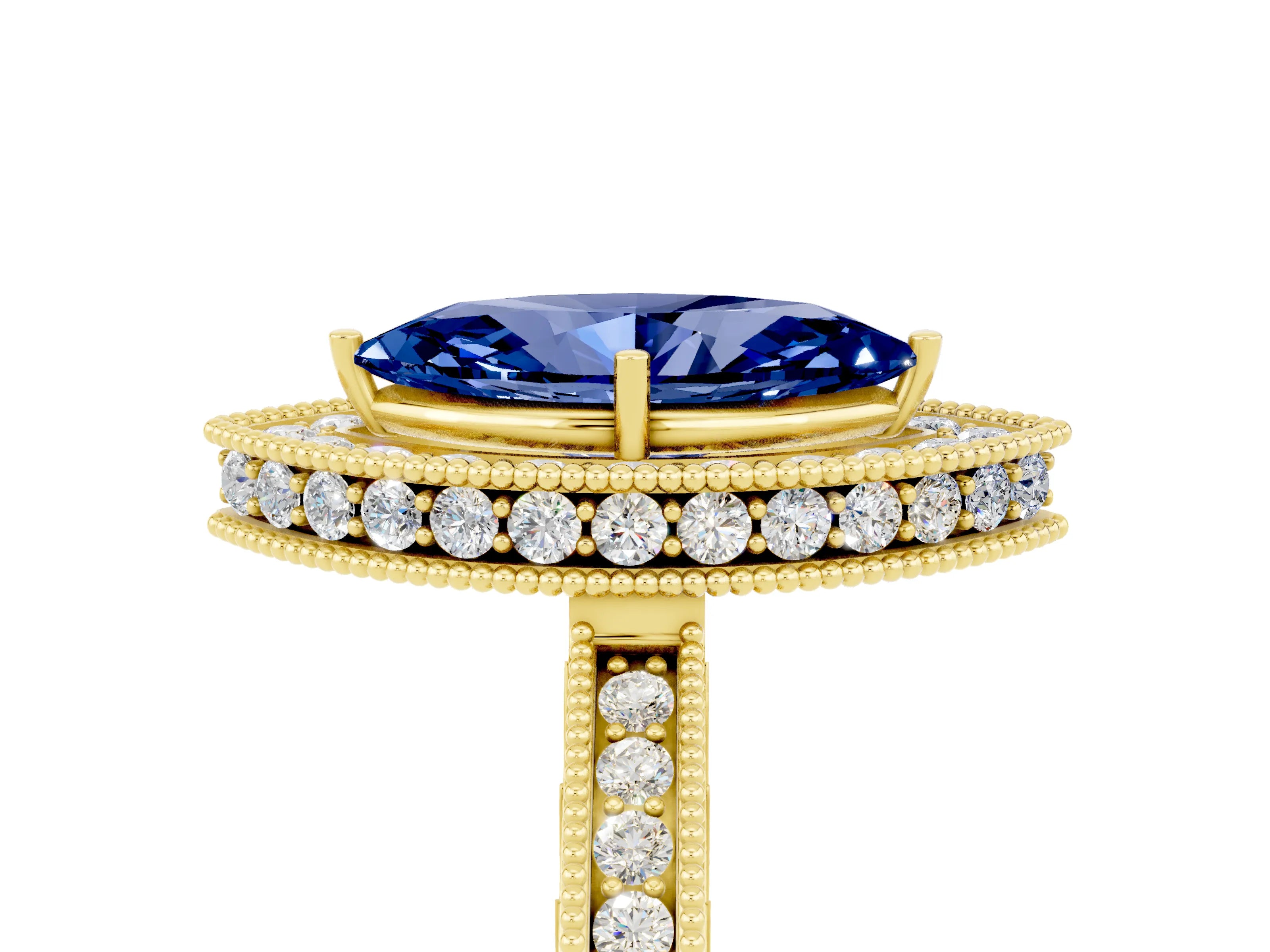 Yellow gold Marquise Cut Halo Diamond Engagement Ring with Milgrain Pave Band and Four-Prong Setting_5