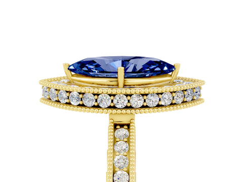 Yellow gold Marquise Cut Halo Diamond Engagement Ring with Milgrain Pave Band and Four-Prong Setting_5
