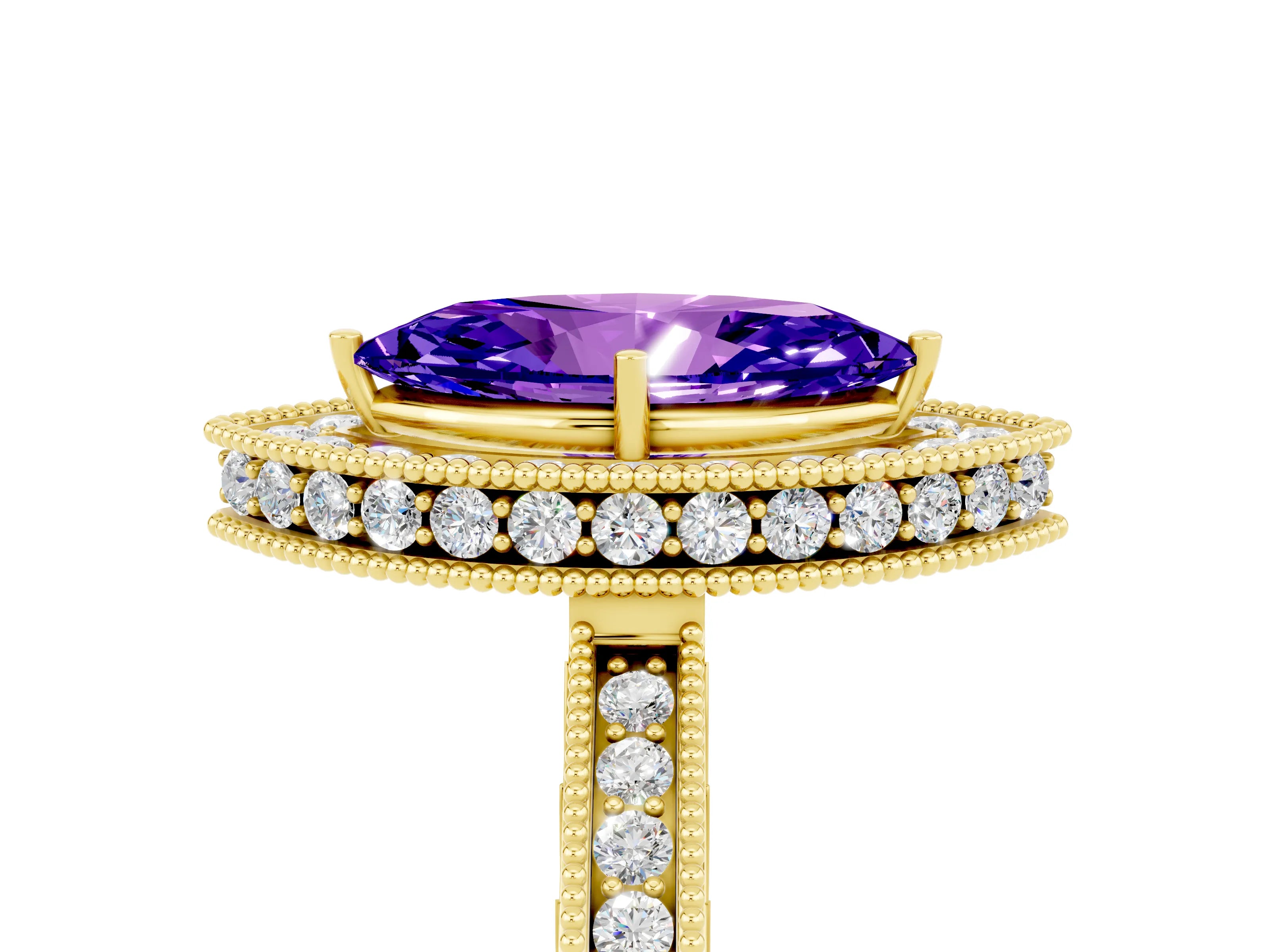 Yellow gold Marquise Cut Halo Diamond Engagement Ring with Milgrain Pave Band and Four-Prong Setting_5