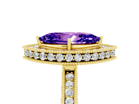 Yellow gold Marquise Cut Halo Diamond Engagement Ring with Milgrain Pave Band and Four-Prong Setting_5