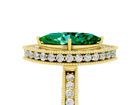 Yellow gold Marquise Cut Halo Diamond Engagement Ring with Milgrain Pave Band and Four-Prong Setting_5