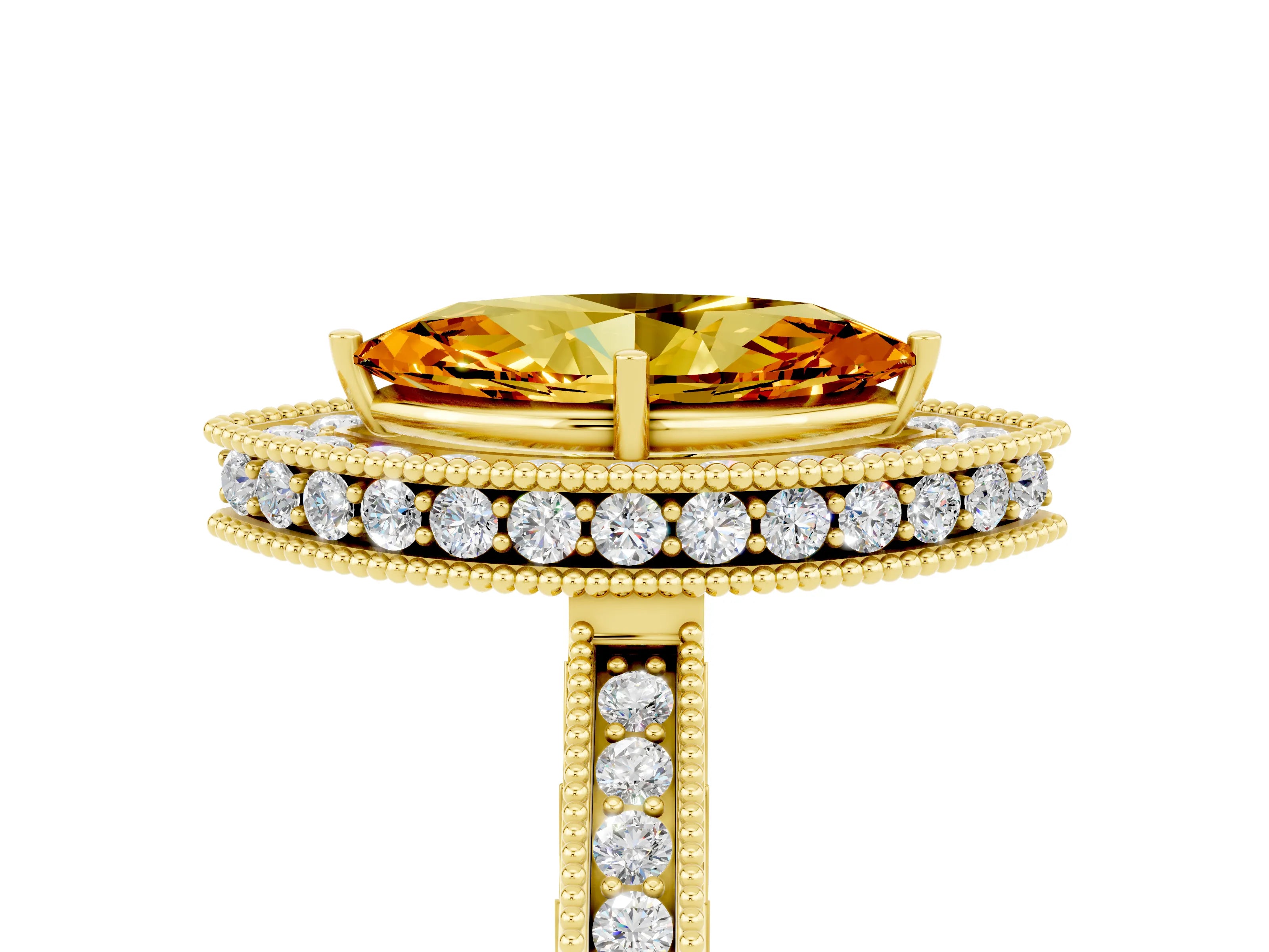 Yellow gold Marquise Cut Halo Diamond Engagement Ring with Milgrain Pave Band and Four-Prong Setting_5
