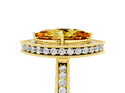 Yellow gold Marquise Cut Halo Diamond Engagement Ring with Milgrain Pave Band and Four-Prong Setting_5