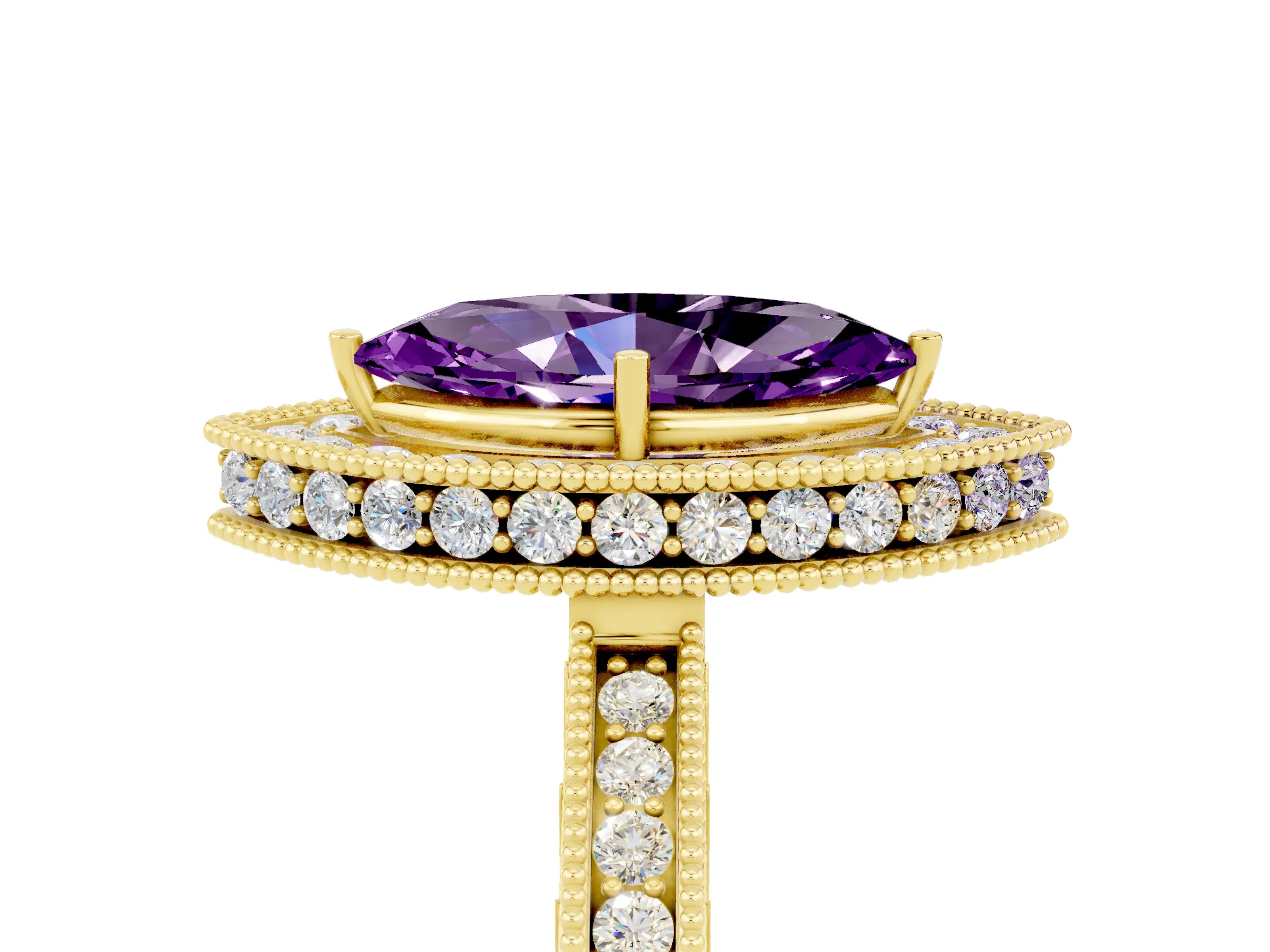 Yellow gold Marquise Cut Halo Diamond Engagement Ring with Milgrain Pave Band and Four-Prong Setting_5