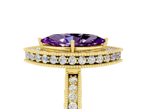 Yellow gold Marquise Cut Halo Diamond Engagement Ring with Milgrain Pave Band and Four-Prong Setting_5