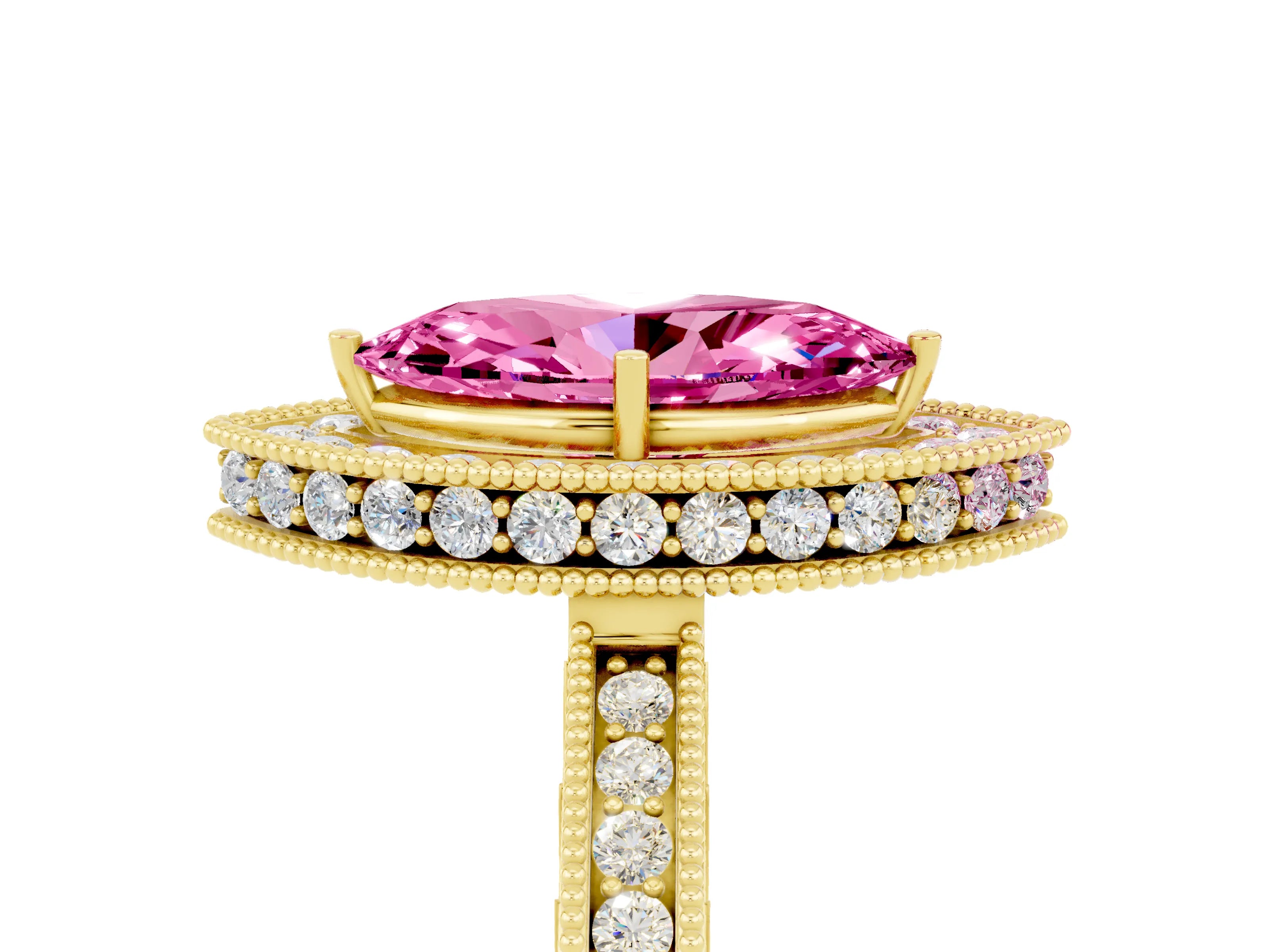 Yellow gold Marquise Cut Halo Diamond Engagement Ring with Milgrain Pave Band and Four-Prong Setting_5