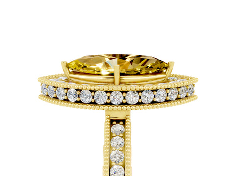 Yellow gold Marquise Cut Halo Diamond Engagement Ring with Milgrain Pave Band and Four-Prong Setting_5