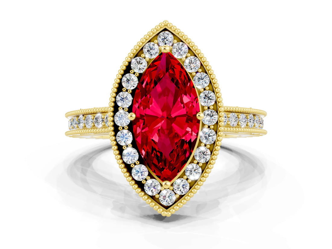 Yellow gold Marquise Cut Halo Diamond Engagement Ring with Milgrain Pave Band and Four-Prong Setting