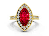 Yellow gold Marquise Cut Halo Diamond Engagement Ring with Milgrain Pave Band and Four-Prong Setting