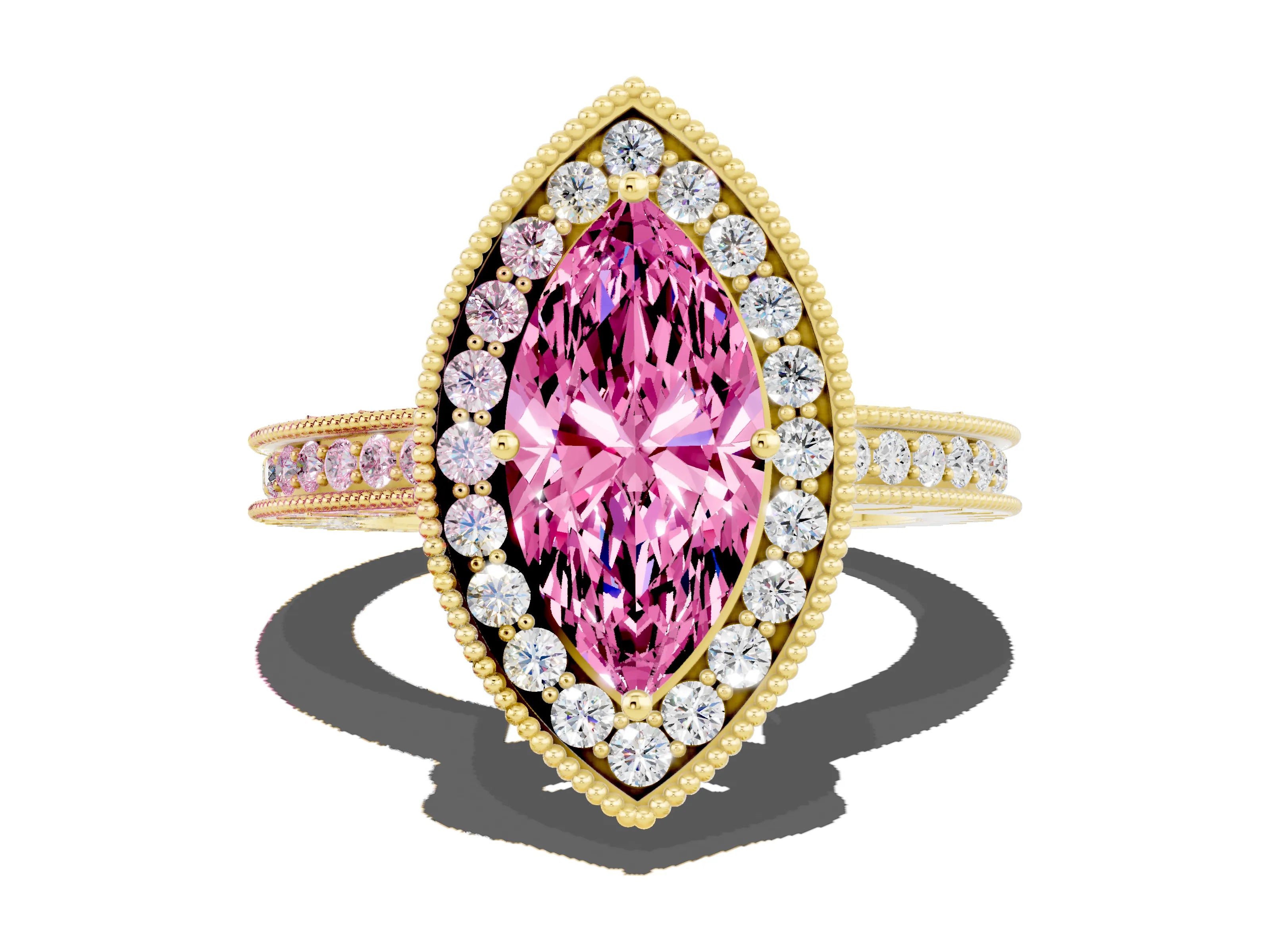 Yellow gold Marquise Cut Halo Diamond Engagement Ring with Milgrain Pave Band and Four-Prong Setting