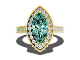 Yellow gold Marquise Cut Halo Diamond Engagement Ring with Milgrain Pave Band and Four-Prong Setting