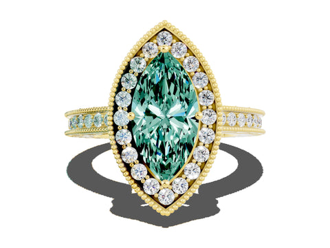 Yellow gold Marquise Cut Halo Diamond Engagement Ring with Milgrain Pave Band and Four-Prong Setting