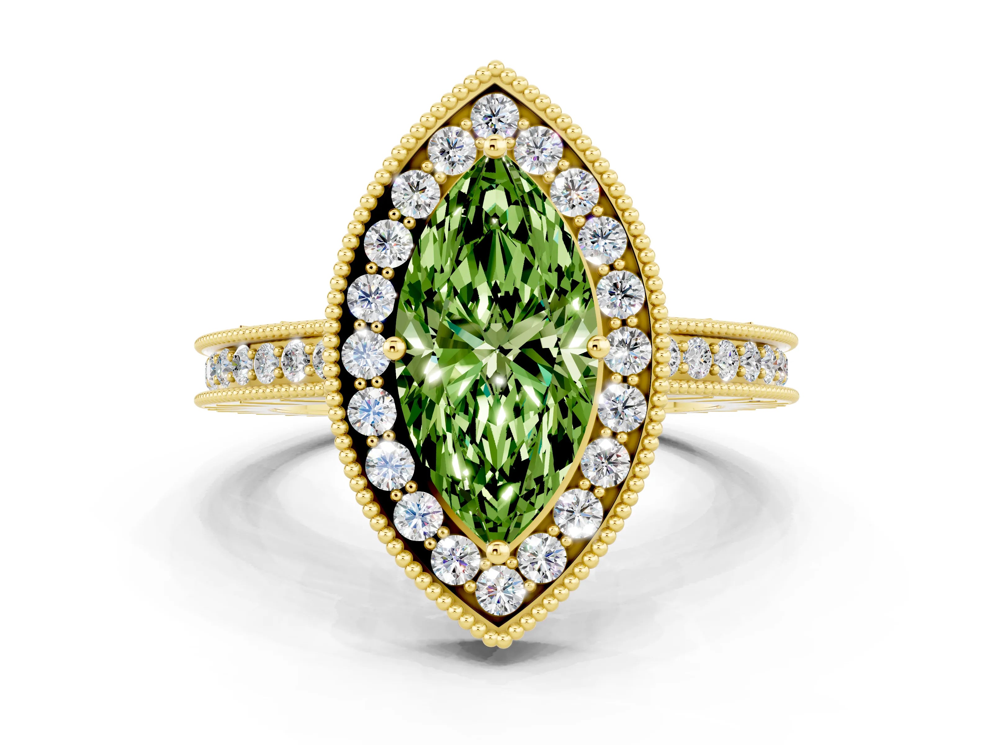 Yellow gold Marquise Cut Halo Diamond Engagement Ring with Milgrain Pave Band and Four-Prong Setting