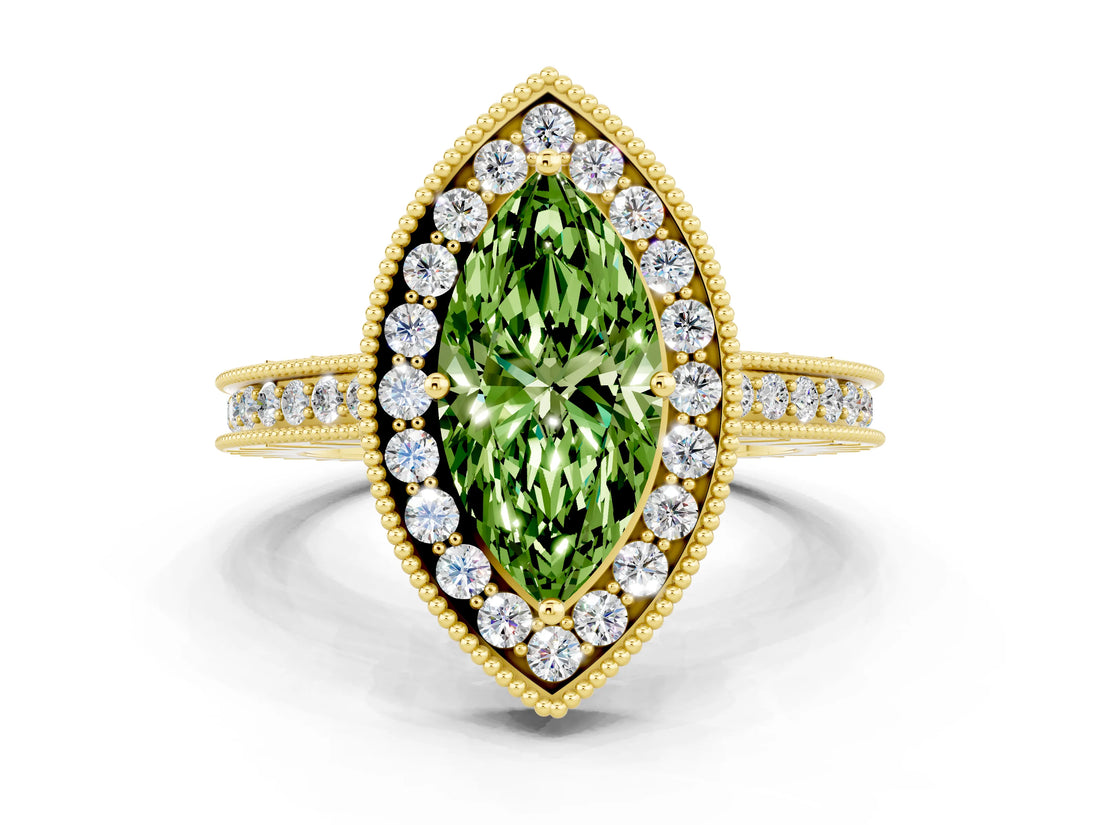 Yellow gold Marquise Cut Halo Diamond Engagement Ring with Milgrain Pave Band and Four-Prong Setting