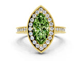 Yellow gold Marquise Cut Halo Diamond Engagement Ring with Milgrain Pave Band and Four-Prong Setting