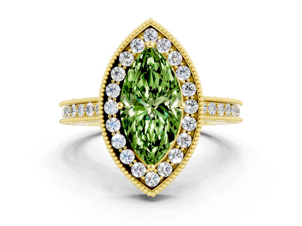 Yellow gold Marquise Cut Halo Diamond Engagement Ring with Milgrain Pave Band and Four-Prong Setting