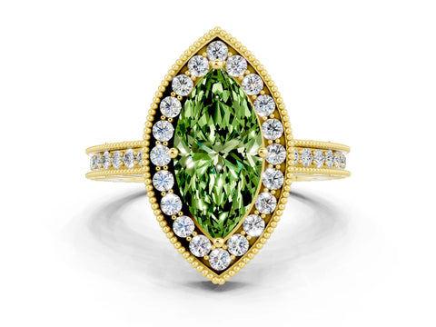 Yellow gold Marquise Cut Halo Diamond Engagement Ring with Milgrain Pave Band and Four-Prong Setting