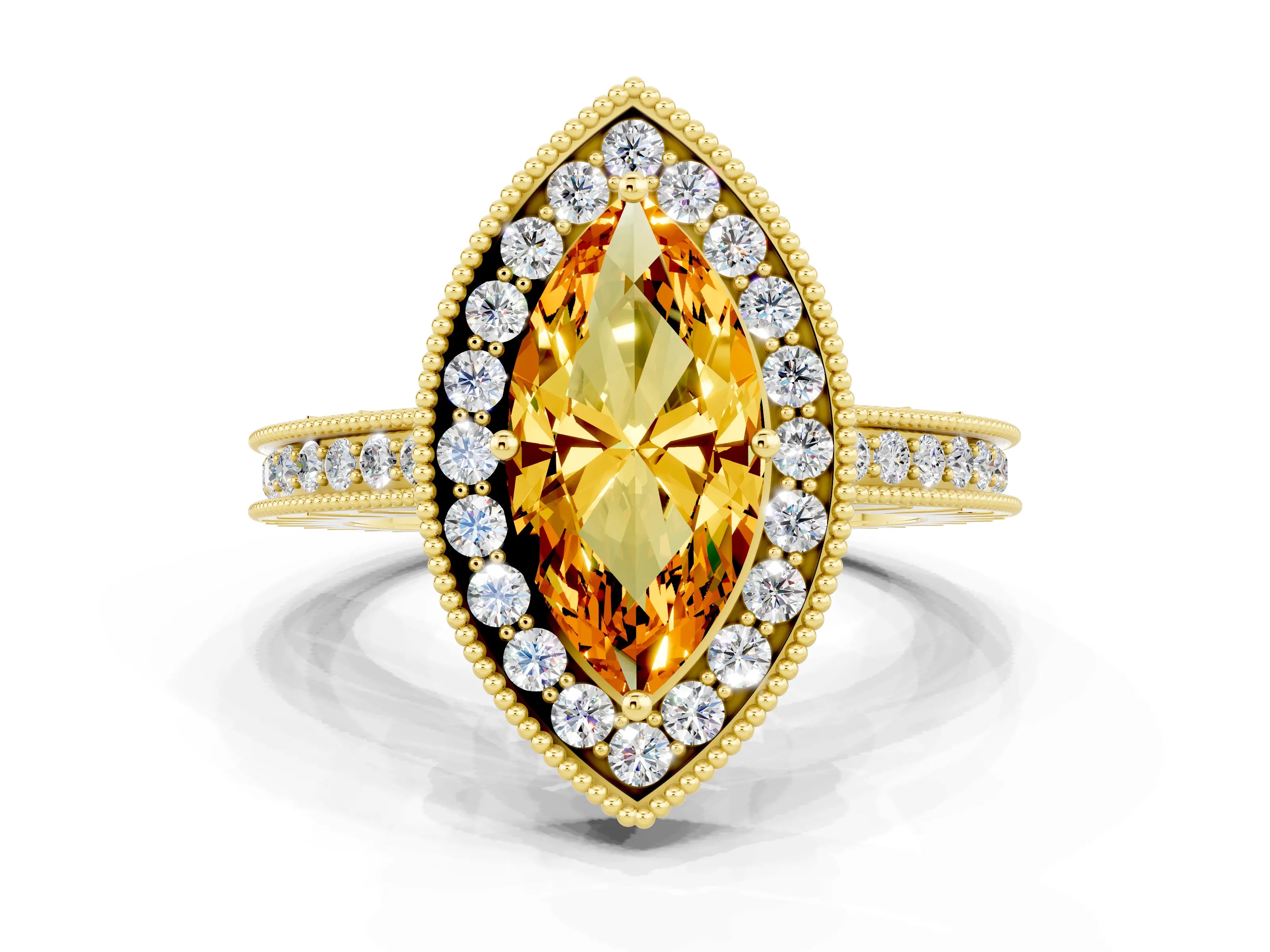 Yellow gold Marquise Cut Halo Diamond Engagement Ring with Milgrain Pave Band and Four-Prong Setting