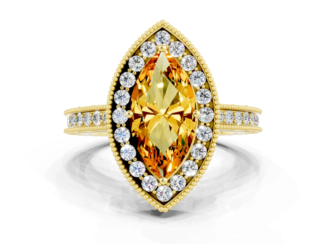 Yellow gold Marquise Cut Halo Diamond Engagement Ring with Milgrain Pave Band and Four-Prong Setting