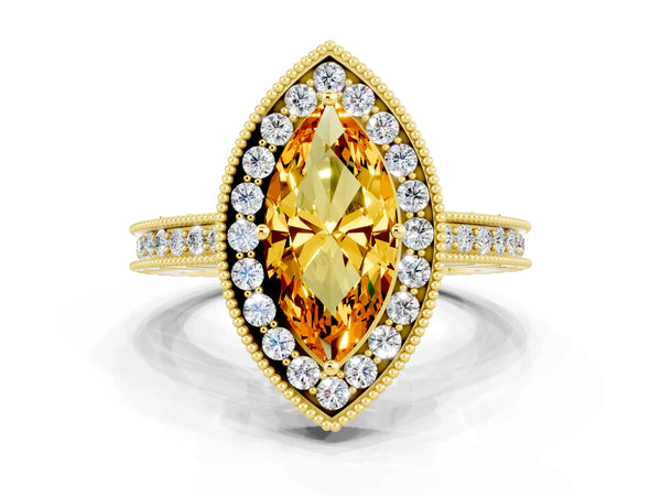 Yellow gold Marquise Cut Halo Diamond Engagement Ring with Milgrain Pave Band and Four-Prong Setting