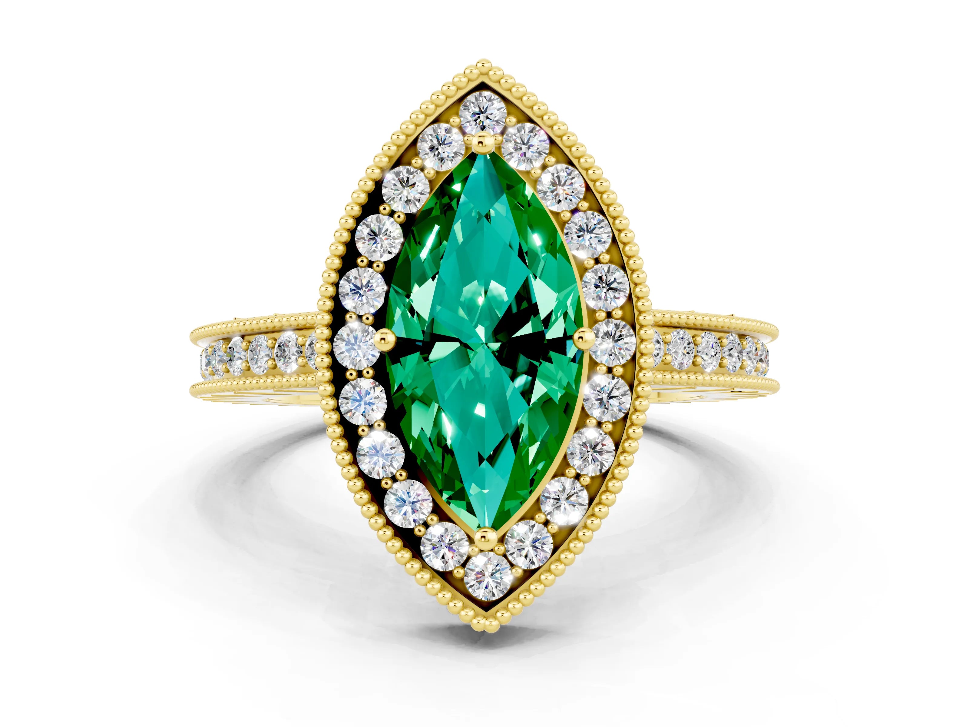 Yellow gold Marquise Cut Halo Diamond Engagement Ring with Milgrain Pave Band and Four-Prong Setting