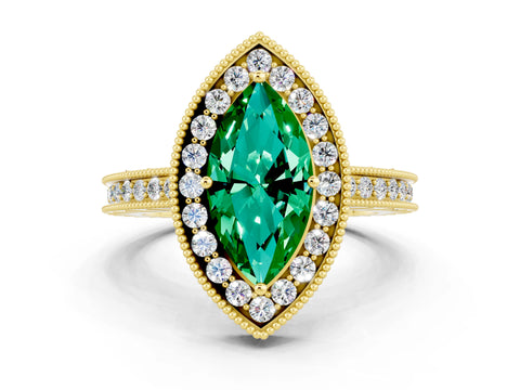 Yellow gold Marquise Cut Halo Diamond Engagement Ring with Milgrain Pave Band and Four-Prong Setting