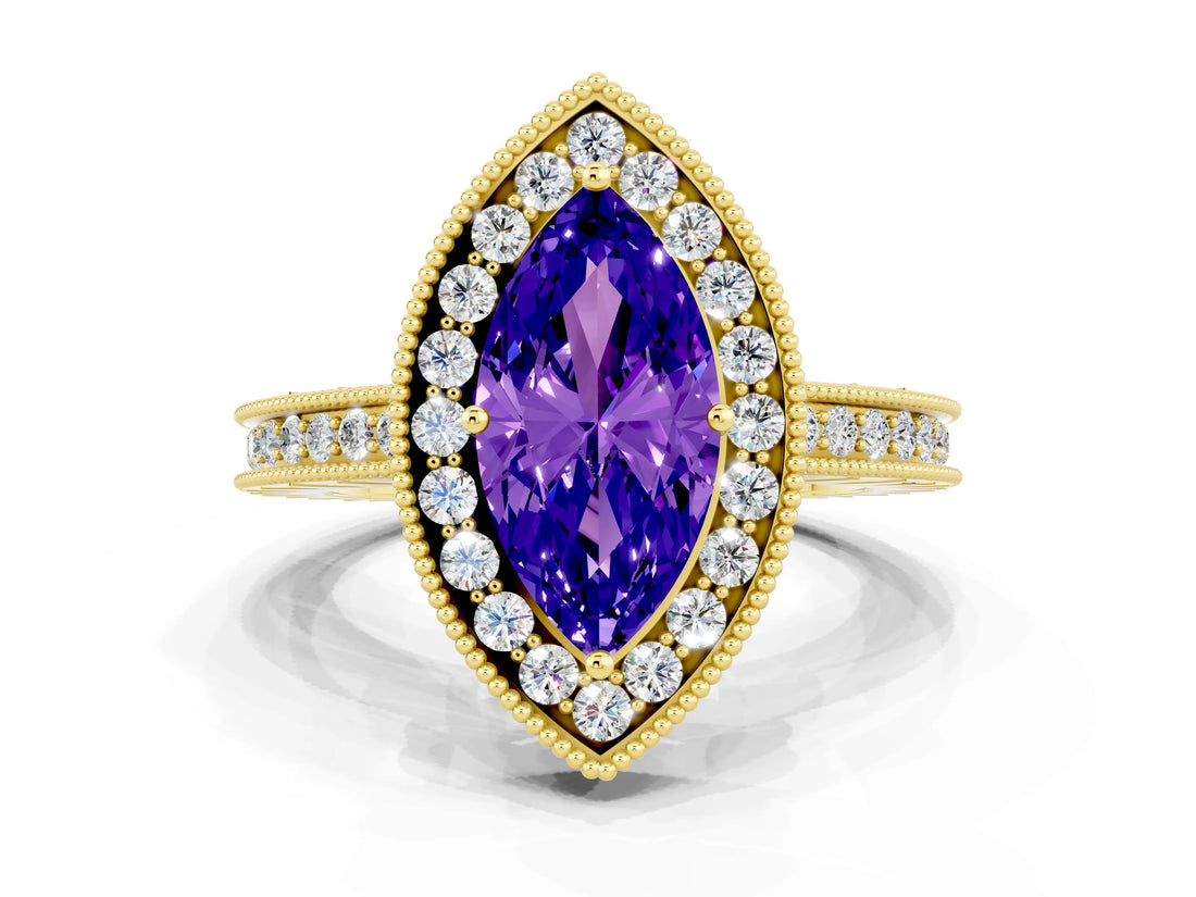 Yellow gold Marquise Cut Halo Diamond Engagement Ring with Milgrain Pave Band and Four-Prong Setting