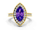 Yellow gold Marquise Cut Halo Diamond Engagement Ring with Milgrain Pave Band and Four-Prong Setting