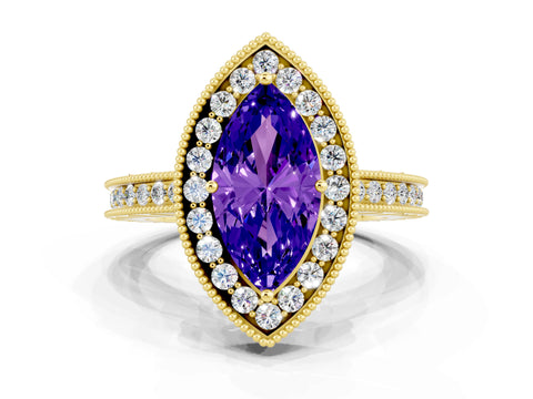 Yellow gold Marquise Cut Halo Diamond Engagement Ring with Milgrain Pave Band and Four-Prong Setting